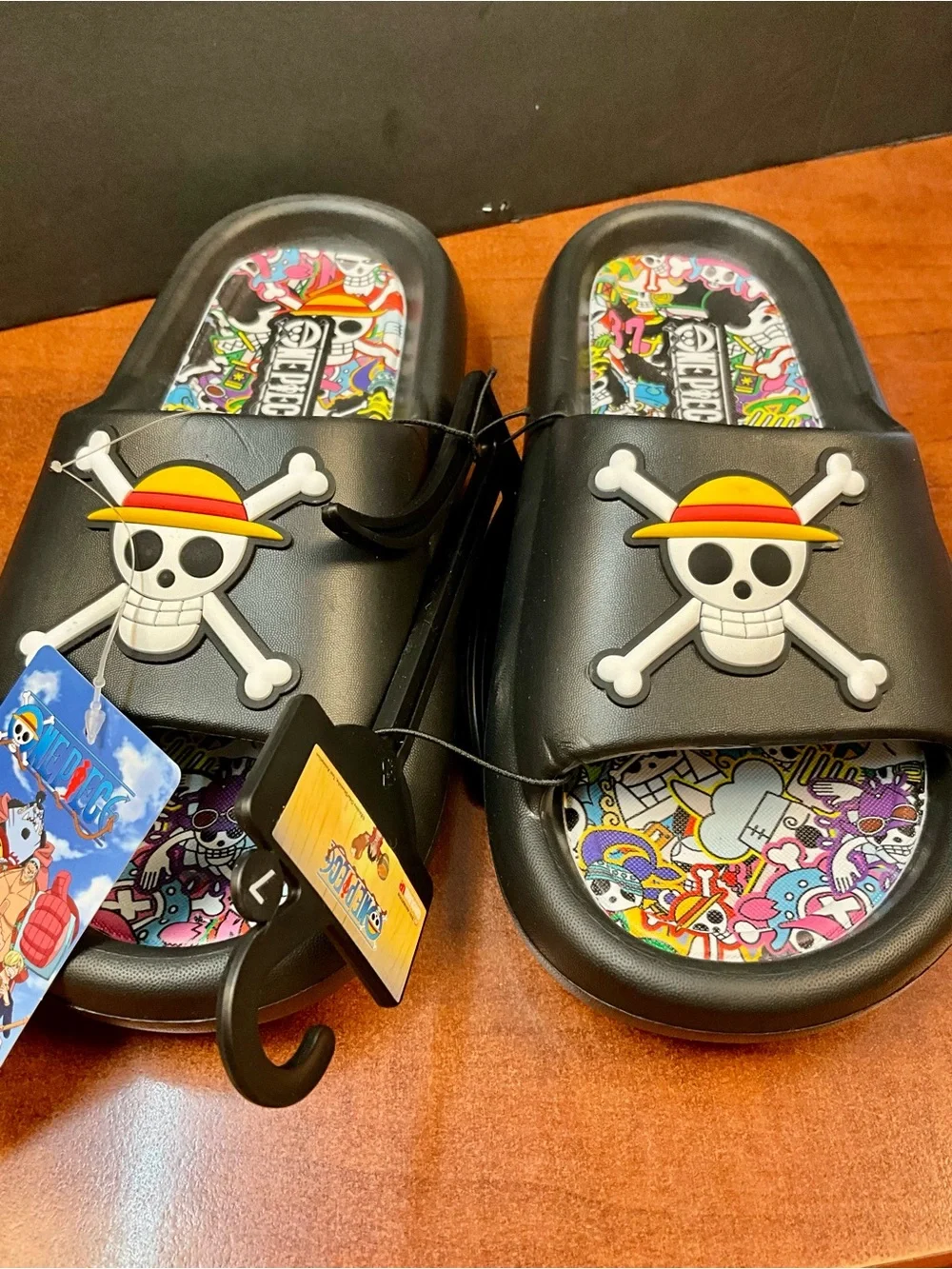 Onepiece Men’s Black Slides with Colorful Printed Footbeds